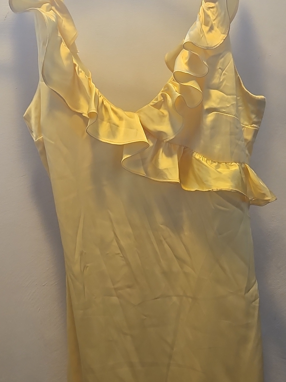 Finesse Soft Yellow Satin Slip Dress with Ruffle Trim